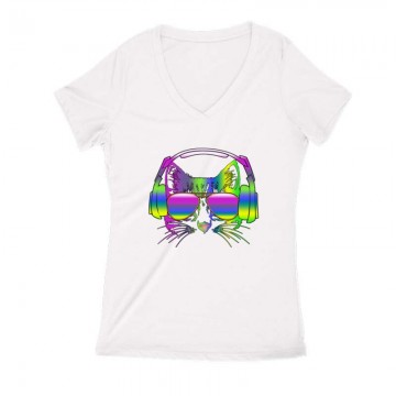 Rainbow music cat Női V Kivágott póló