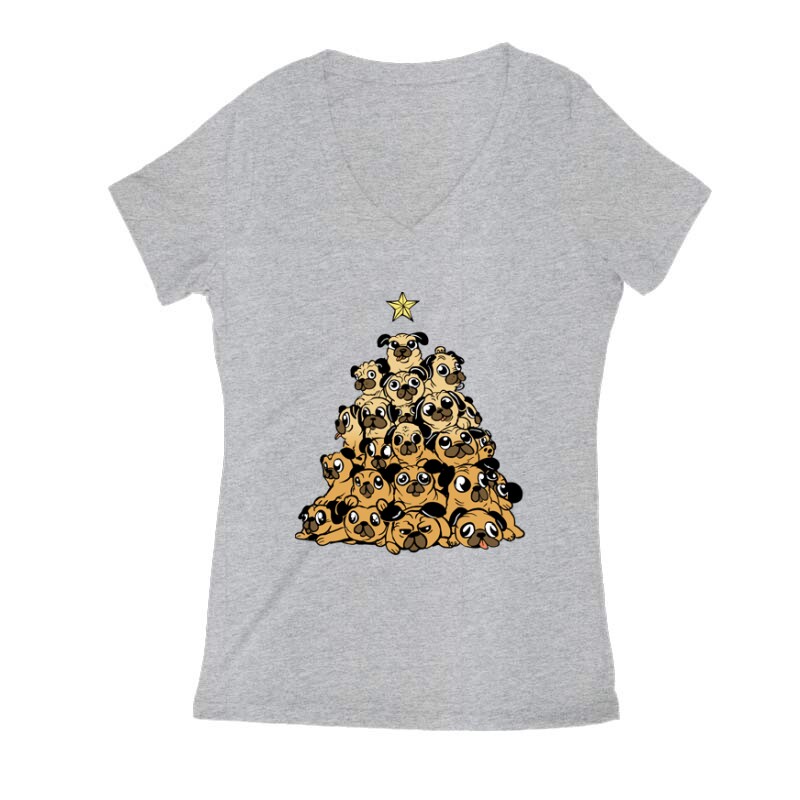 Pug Christmas tree Női V Kivágott póló