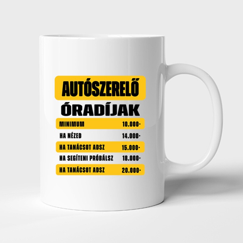 Óradíjak (autószerelő) Bögre