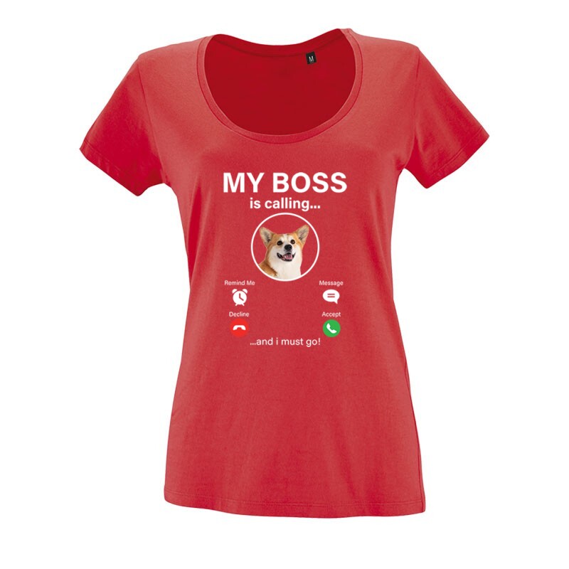 My Boss Calling Corgi O nyakú női póló